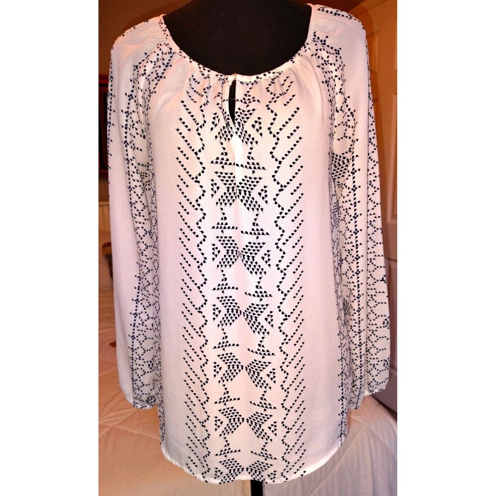 COMO Vintage Women's S White/Black Geometric Long Sleeve Blouse